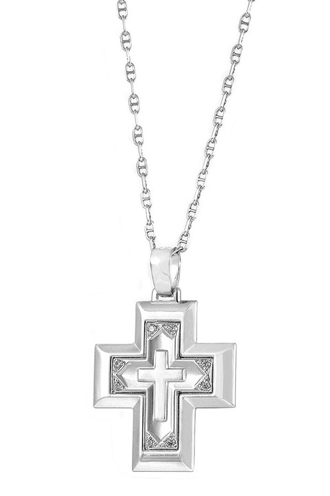 Cruce din aur alb de 14K cu lant din aur de 9K, E-ORO.GR
