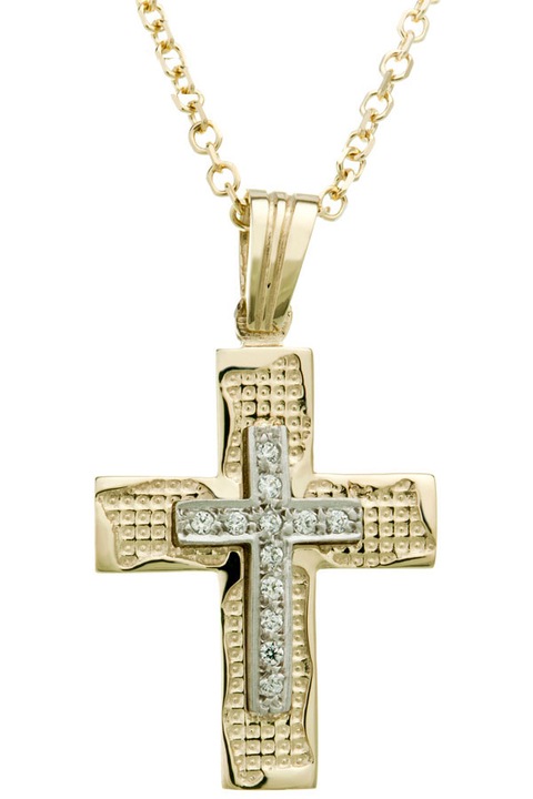 Cruce din aur de 14K cu lant din aur de 9K, set bijuterii dama E-ORO.GR