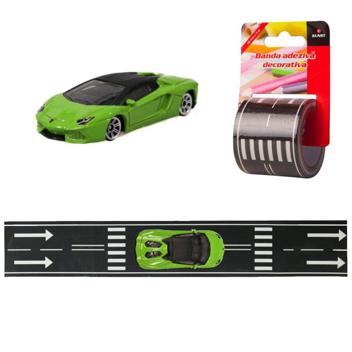 Set Masinuta MSZ Lamborghini Aventador Roadster 1:64 si banda KUNST adeziva Trafic