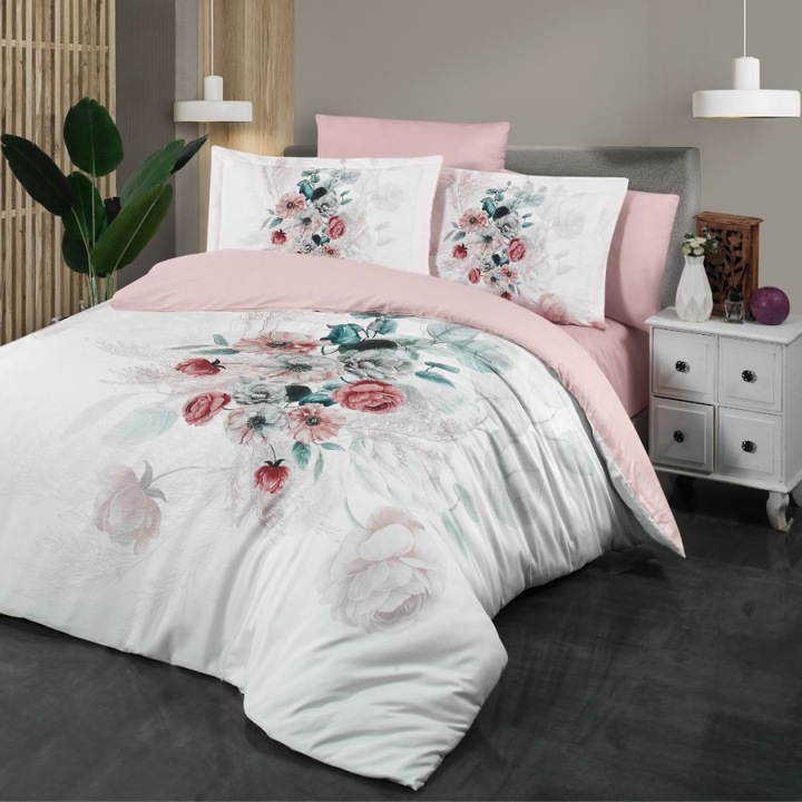 Glen 3D luxus dupla ágynemű virágmintával, 100% pamut szatén, 240x260 cm-es lepedő, 6 részes, First Choice