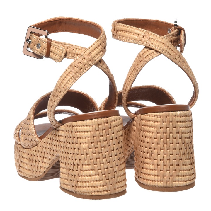 Baldinini, Sandale din rafie cu toc masiv, Bej, 41.5