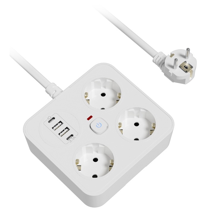Многофункционален удължител за бюро, Flippy, 3 контакта, 2 USB-A, 2 TYPE-C, стойка за телефон, 3250W, дължина на кабела 2 м, 11.4 x 12.4 см, бял