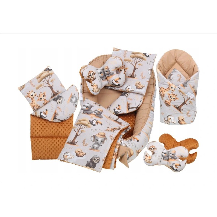 Set pentru bebelusi 6 in 1 BabiM - hniezdo, saltea, perne, patura, multicolor, 105x65cm - animale de miere