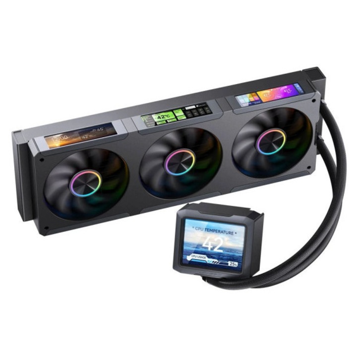 Jonsbo TF3-360SCB AiO водно охлаждане, 4x LCD дисплей, 360мм радиатор, ARGB, черно