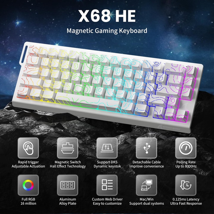 Tastatura Gaming Magnetica Attack Shark, Hall Effect, Rapid Trigger, 8000Hz Polling Rate, 0.125ms Raspuns, Switch-uri Magnetice Pre-lubrifiate, Taste PBT, RGB, Alb