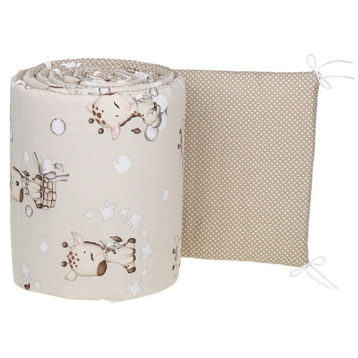 Protectie pentru patut BabiM 180x30cm, 100% bumbac, umplutura din silicon, model girafa