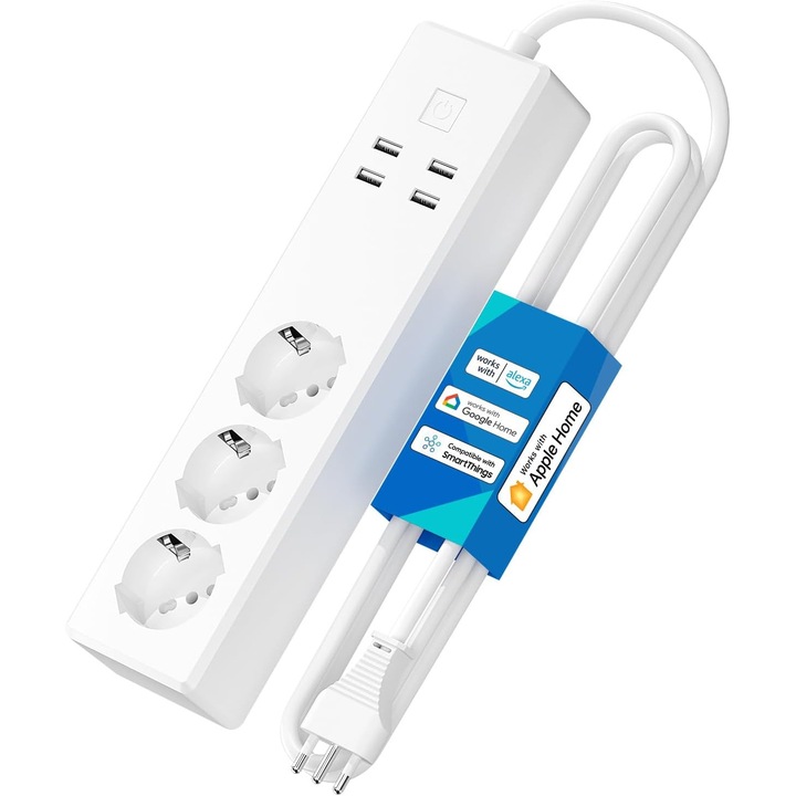 Priza Inteligenta Meross HomeKit, 3 Schuko, 4 USB, Protectie Supratensiune