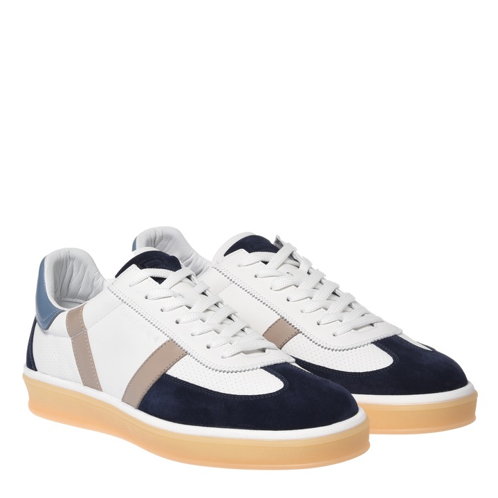 Baldinini, Pantofi sport de piele si piele intoarsa cu perforatii, Albastru