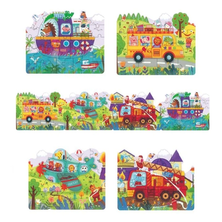 Set puzzle progresive cu animale si vehicule, Bami, 4in1, 94 piese, Multicolor, 45.5x4x17.5cm