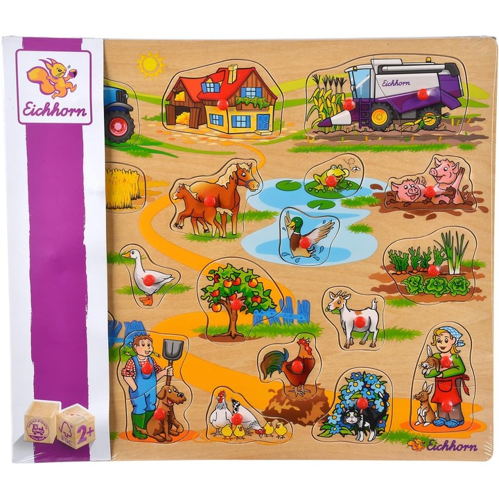Eichhorn fából készült beillesztős puzzle, 21-23 formájú képekkel, 24 hónapos kortól, farm