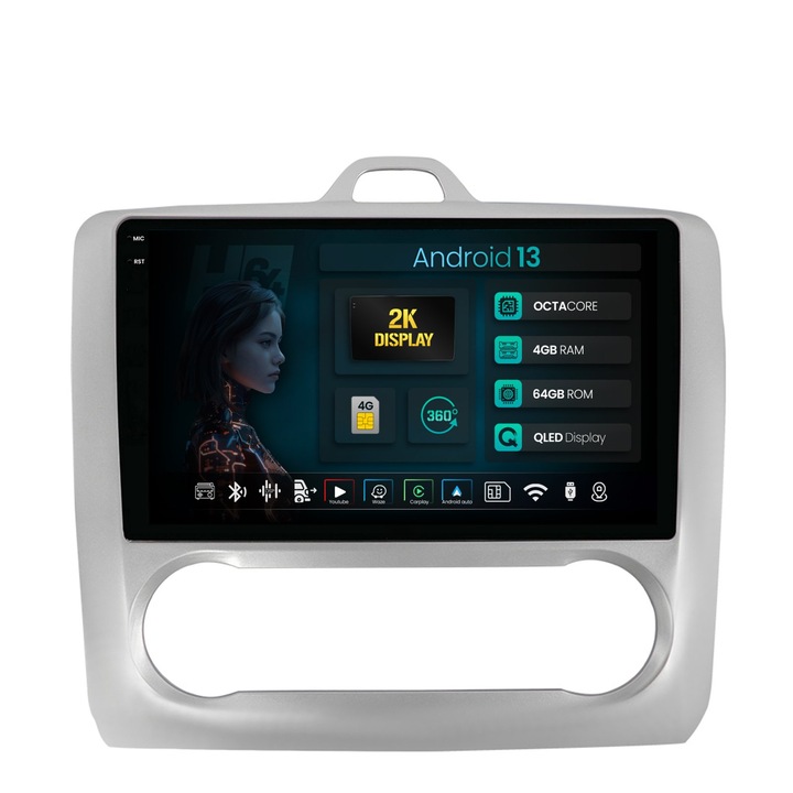 Navigatie 2K HUB64 Ford Focus MK2 (2004-2011) Clima Automata, 4GB RAM, Android 13, Octacore, Slot Sim 4G, DSP, GPS, Wi-FI, Carplay, Android Auto, USB, Bluetooth, Waze, Touchscreen, 9.5 Inch