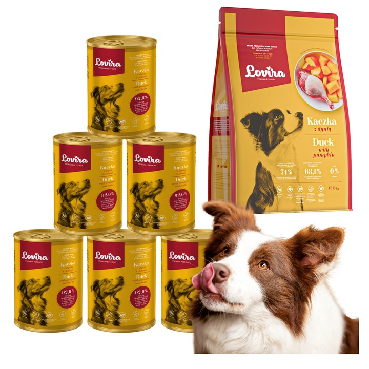 Set 6x Conserva Umeda pentru Caini LOVIRA Rata cu Dovleac si Ierburi, 92,6% Carne