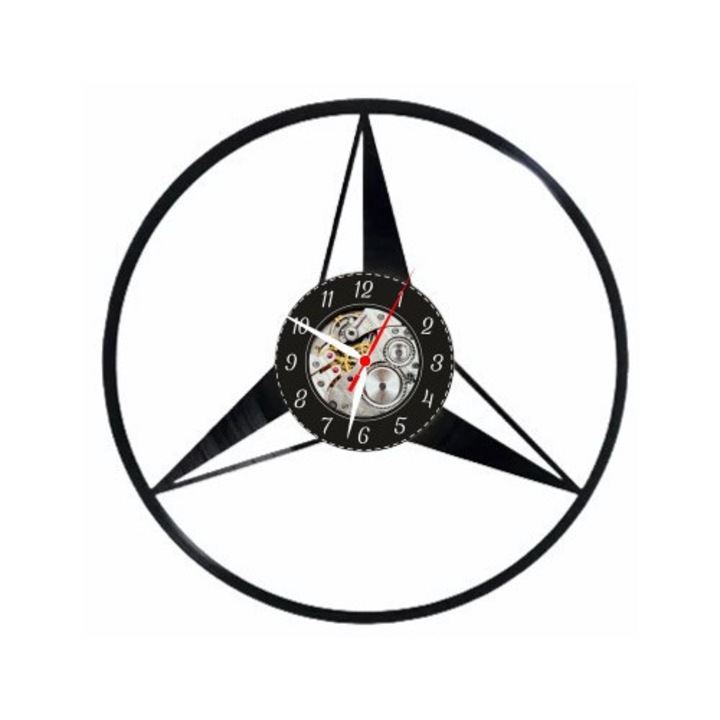 Dekoratív falióra - Mercedes-Benz Csillag Logó - Klasszikus Luxus Design - bakelitlemezből készült, Fekete, 30 cm