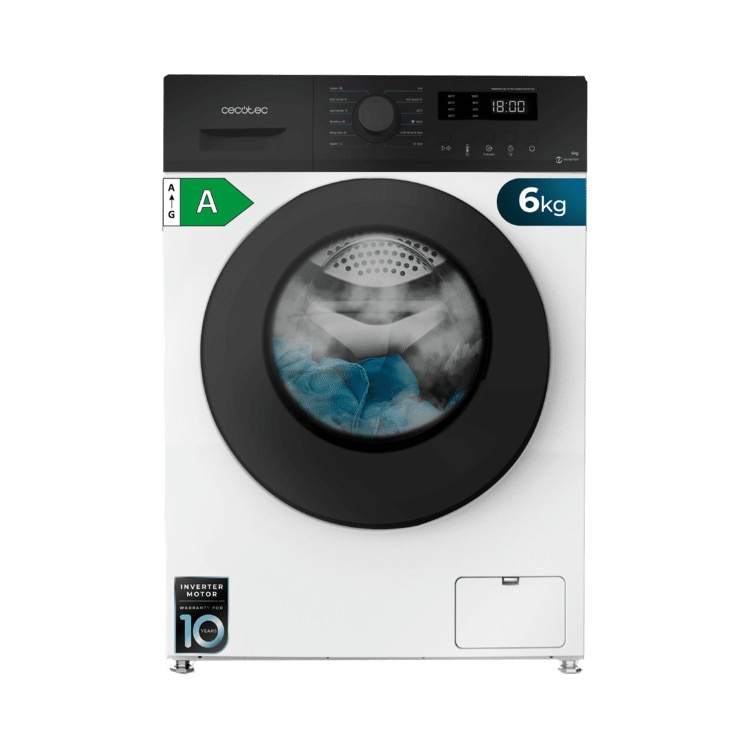 Masina de spalat rufe Cecotec, Bolero DressCode 6150 Inverter A, 6 kg, 1000 RPM, 12 programe prestabilite, functie SteamMax, functie Drum Clean, tehnologie Inverter Plus, design modern, picioare ajustabile, alb