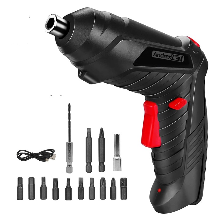 Surubelnita electrica AndrexNET, 4.2V, 250rpm, acumulator 1800mAh, set cu 15 accesorii
