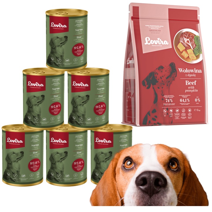 Set 6x Conserva Hrana Umeda pentru Caini LOVIRA cu Cerb si Dovleac, 92,6% Carne