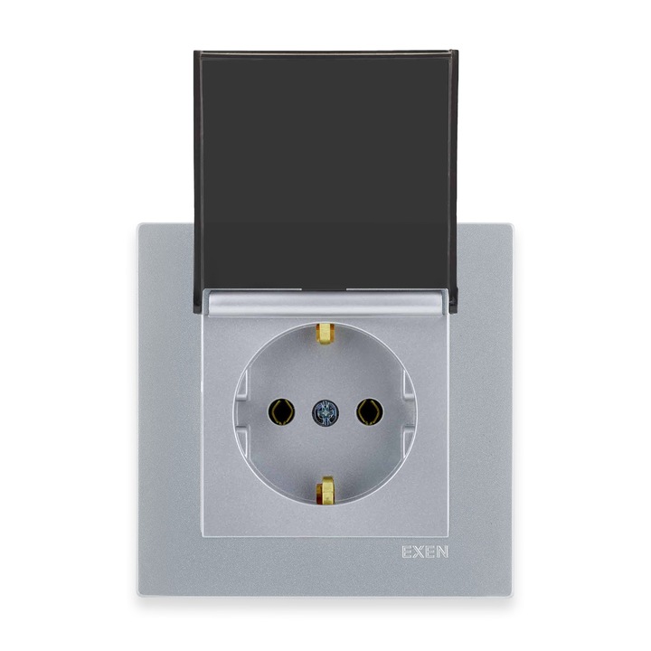 Set priza Schuko cu capac argintiu 2P+E și cadru argintiu KARELL EXEN