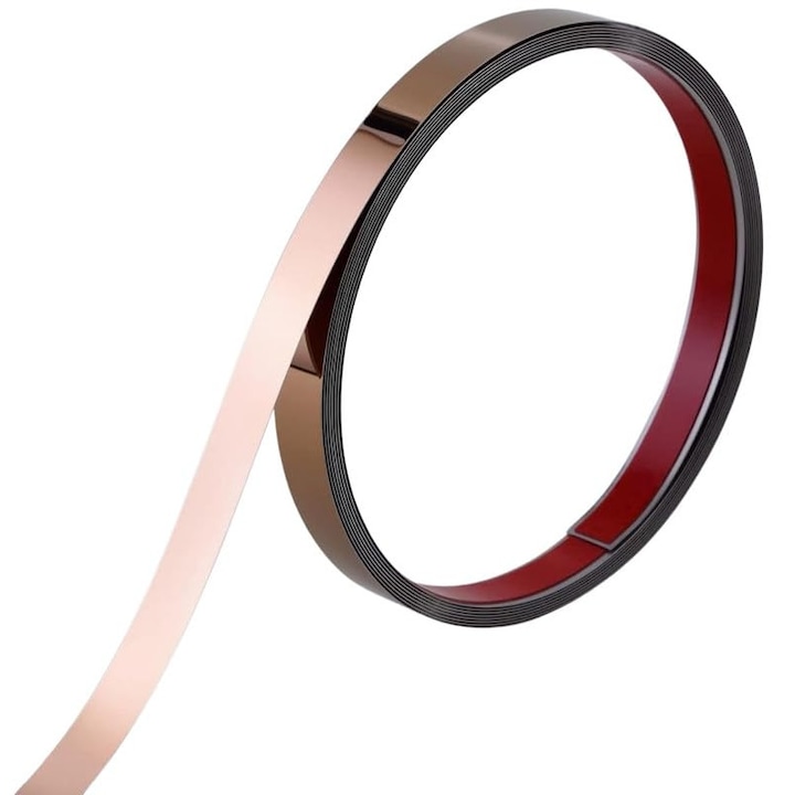 Самозалепваща се декоративна лента от никелирана неръждаема стомана, РОЗОВО ЗЛАТО - БРОНЗ - 1 см ширина x 500 см дължина, водоустойчива за стени и мебели, MaffStuff