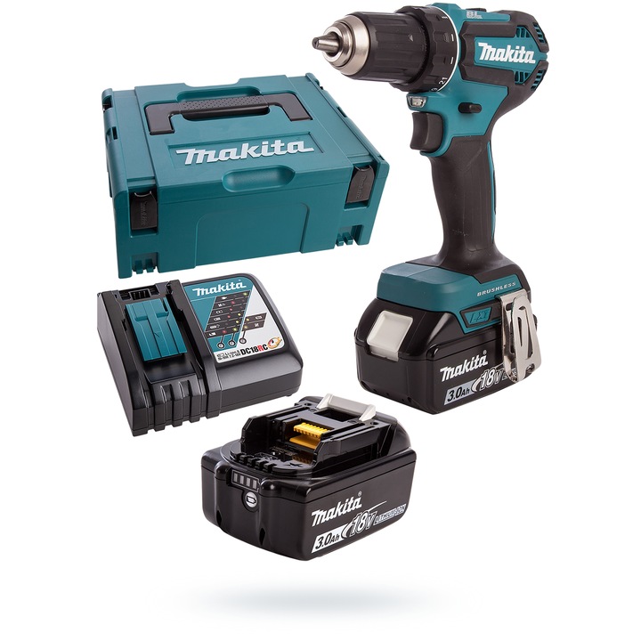 Masina de gaurit si insurubat, Makita DDF485, 2 acumulatori 3,0Ah, 18V, motor fara perii, in valiza MaKPac