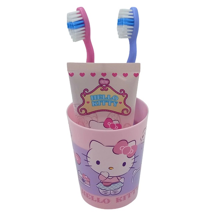 Set de igiena dentara pentru copii, Sanrio, Hello Kitty, 2 periute de dinti, pasta de dinti, roz