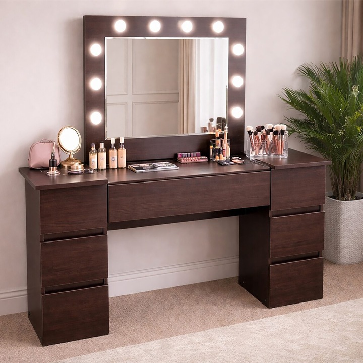 Тоалетка/гримьорна маса, Antonia, венге, с огледало и LED осветление, 155x42x135 см