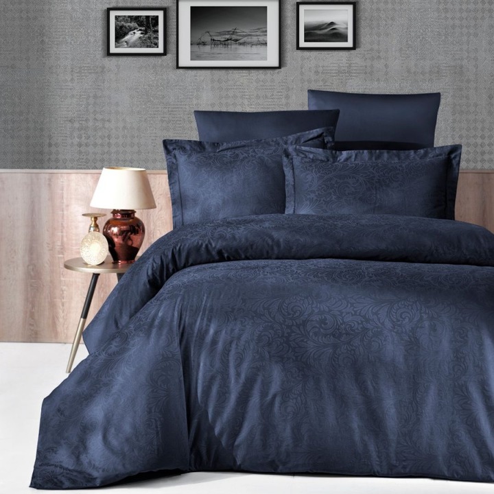 Luxus jacquard dupla ágynemű, 100% szatén pamut, lepedő 240x260 cm, 6 részes, First Choice, Tecna kék