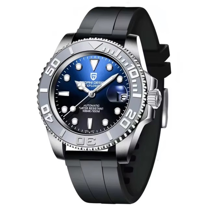 Ceas barbatesc Pagani Design Yachmaster, Mecanic, Curea silicon, Gri / Albastru, 43mm