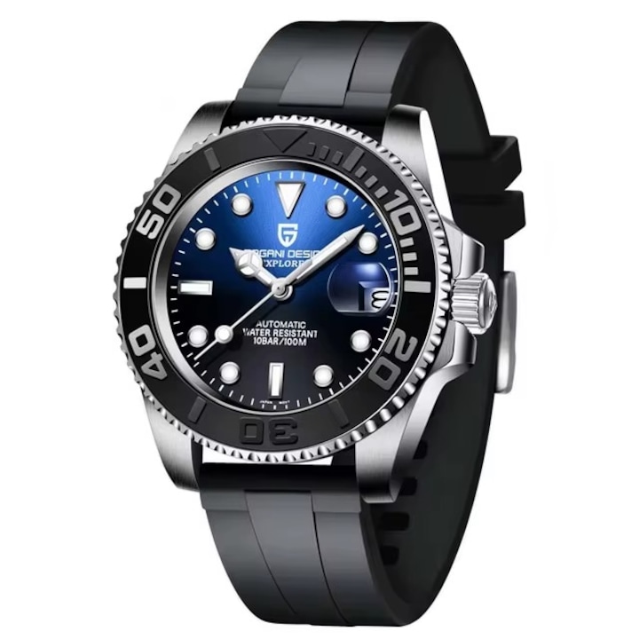 Ceas bărbațesc Pagani Design Yachmaster, mecanic, curea silicon, negru/albastru, 43mm