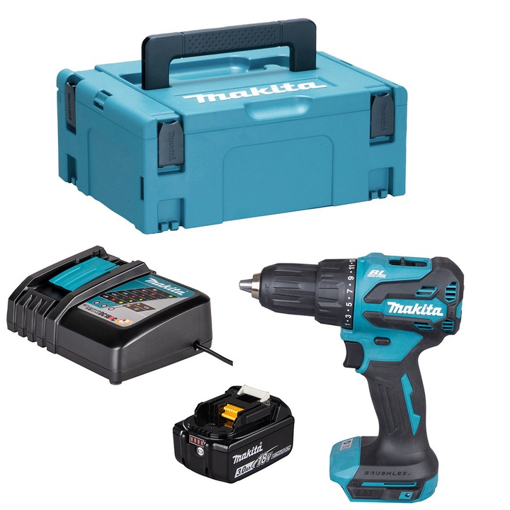 Aparat de gaurit si insurubat cu acumulator Makita DHP490 18V 1x3Ah 65Nm, cu tehnologie XPT, in valiza