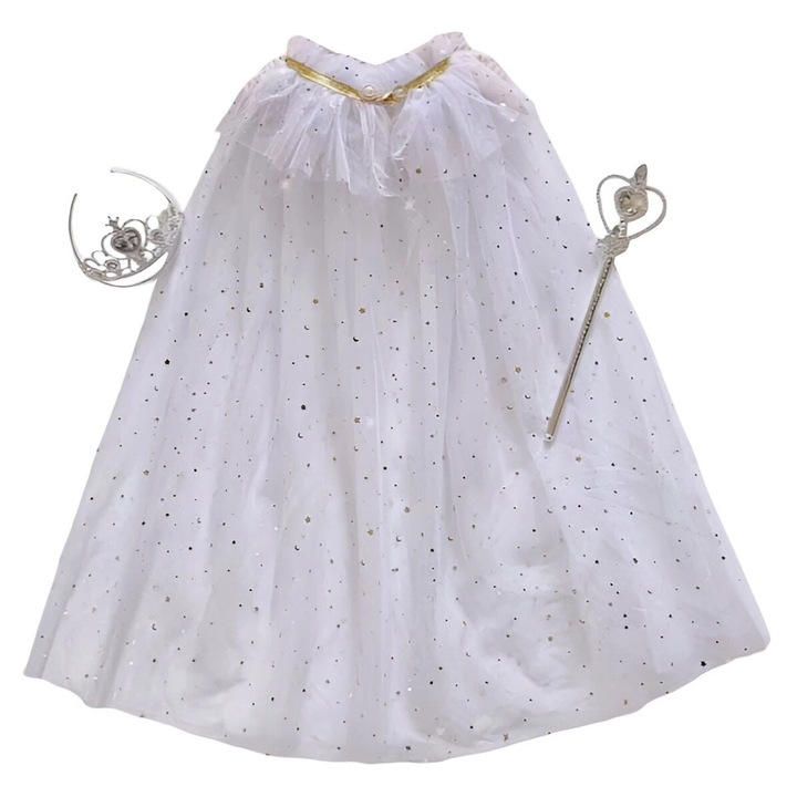 Pelerina carnaval pentru fetite, Girls, set cu bagheta si coroana, alb