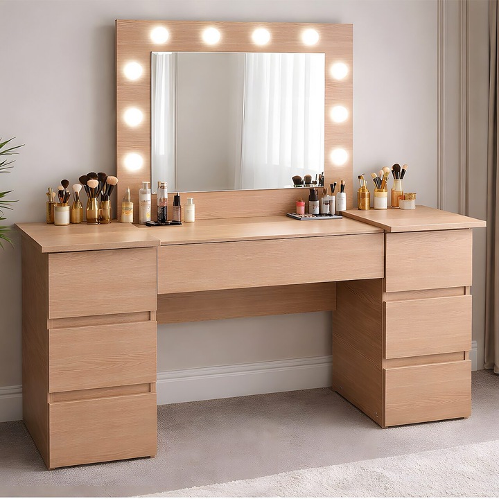 Тоалетка/маса за грим, Antonia, дъб, с огледало и LED осветление, 155x42x135 см