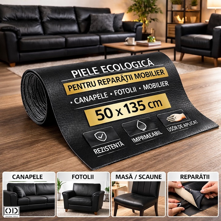 Piele Ecologica Autoadeziva, Imitatie de Piele Naturala, Piele Sintetitca, pentru Reconditionare Canapele, Scaune, Fotolii si Interior Auto, Dimensiune 50 x 135 cm, Material Premium Negru, ORIGINAL DEALS
