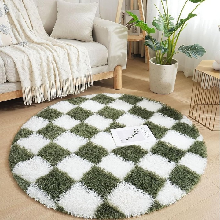 Covor Rotund Pufos, Moale, Lavabil, Anti-alunecare, Model Clasic, Verde/Alb