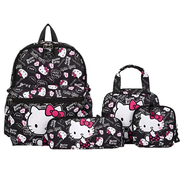 Iskolatáska szett 4 részes, Hello Kitty, fekete, 35x25x10cm