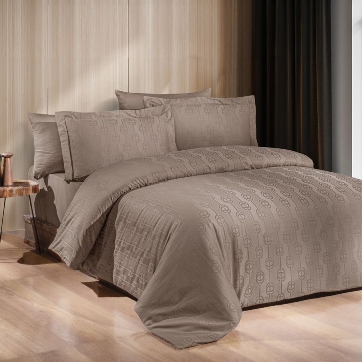 Luxus jacquard dupla ágynemű, 100% pamut szatén, lepedő 240x260 cm, 6 részes, First Choice, Norel Világosbarna geometrikus (Wicker)