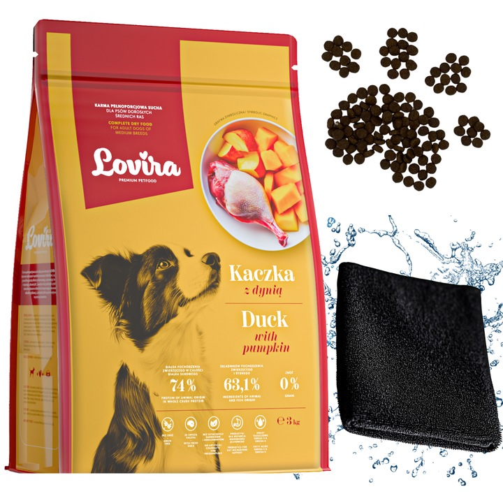 Kit hrana uscata pentru caini LOVIRA Rata cu dovleac 3 kg + prosop microfibra 40x40cm