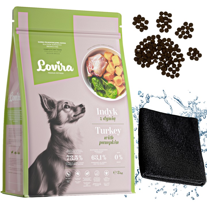 Kit hrana uscata pentru caini LOVIRA Curcan 3 kg + prosop microfibra 40x40cm, hipoalergenic, toate rasele
