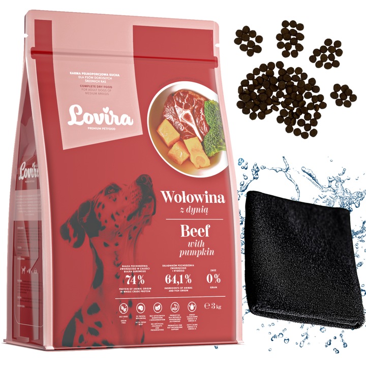 Kit hrana uscata pentru caini LOVIRA Carne de vita cu dovleac 3 kg + prosop microfibra 40x40cm
