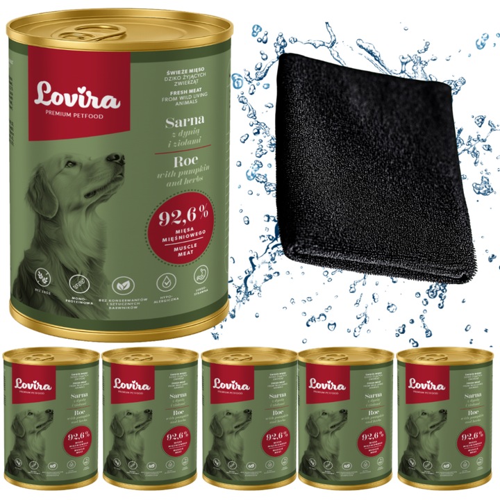 Set 6x Hrana umeda pentru caini LOVIRA cu caprioara si dovleac, 0,4 kg + prosop microfibra 40x40cm