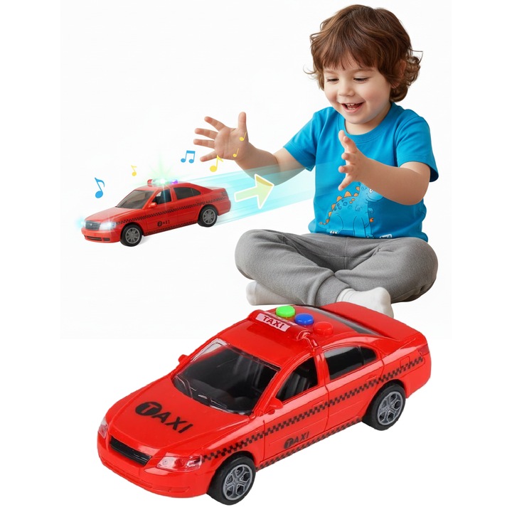 Masinuta Taxi pentru Copii City Taxi, cu Lumini si Sunete, Roti din Cauciuc, Scara 1:32, Lungime 15 cm, Indiggo@, 3ani+, Rosu