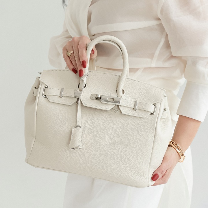 Geanta de mana din piele naturala Moranti, ecru, 2 buzunare, design elegant, fabricatie italiana