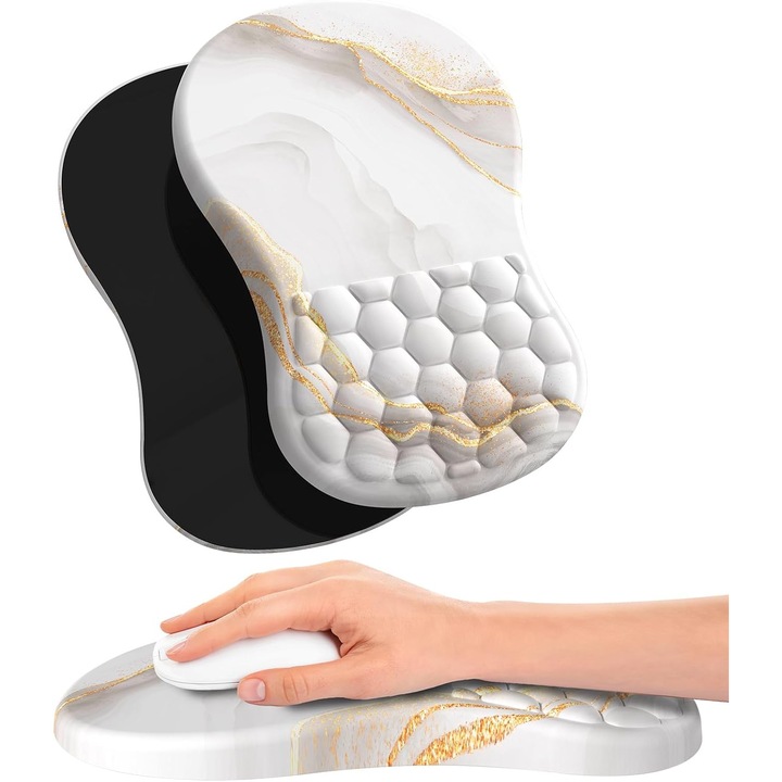 Mousepad Ergonomic cu Suport pentru Incheietura, Design Masaj, Spuma Memorie, Alb Marmorat