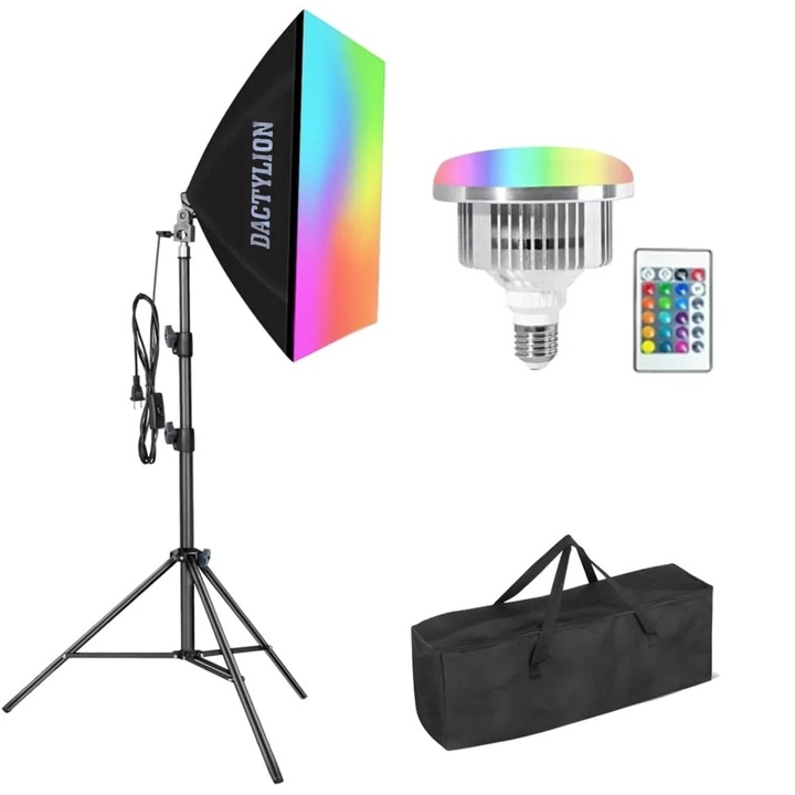 Kit softbox, 1 LED RGB E27, 45W, telecomanda si geantat, inaltime 200cm, Dactylion®