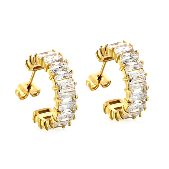 Cercei aurii, din otel inoxidabil, suflati cu aur 18k, semirotunzi, cu pietre din zirconiu, Kiera C2