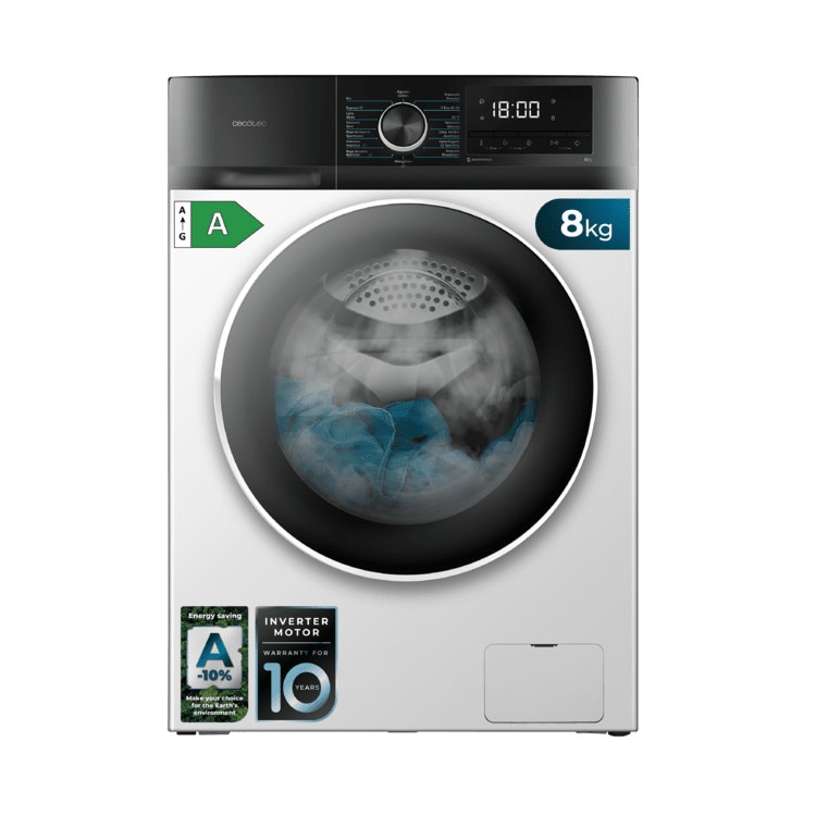 Masina de spalat rufe Cecotec, Bolero DressCode 8500 Inverter A, 8 kg, 1400 RPM, 16 programe prestabilite, functie SteamMax, functie Drum Clean, AllergyCare, tehnologie Inverter Plus, tambur Pearl, finisaj cromat, design modern, picioare ajustabile, alb