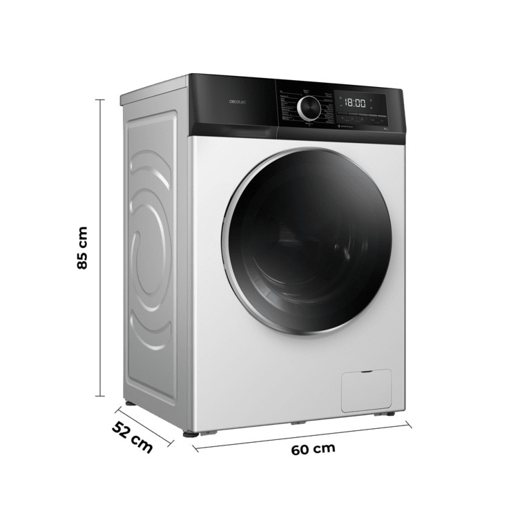 Masina de spalat rufe Cecotec, Bolero DressCode 8500 Inverter A, 8 kg, 1400 RPM, 16 programe prestabilite, functie SteamMax, functie Drum Clean, AllergyCare, tehnologie Inverter Plus, tambur Pearl, finisaj cromat, design modern, picioare ajustabile, alb