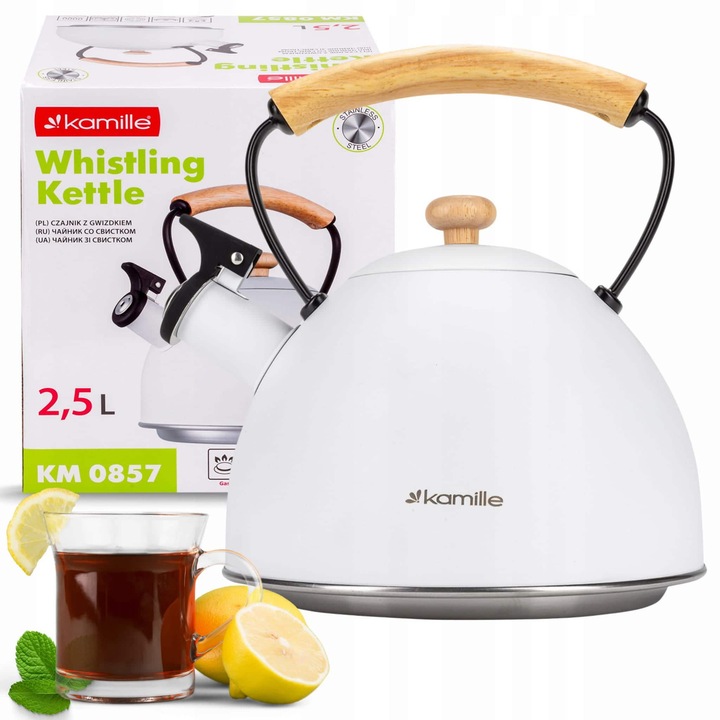 Ceainic Kamille inox 2.7L cu fluier automat alb‑argintiu pentru inductie