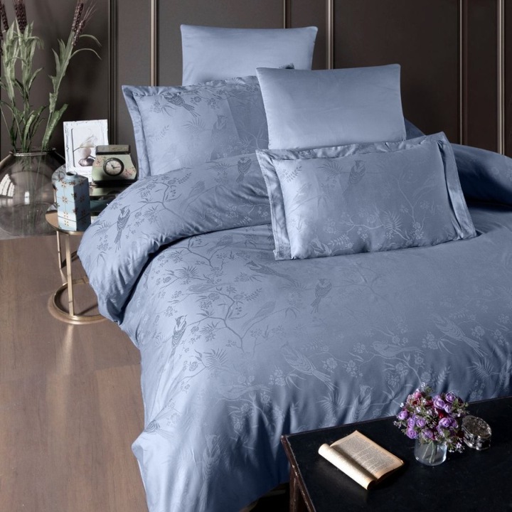 Luxus kétszemélyes ágynemű garnitúra jacquard, 100% szatén pamut, ágytakaró 240x260 cm, 6 részes, First Choice, Stesha kék virágos