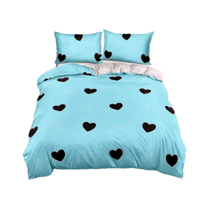 4 részes gumis ágynemű, 2 személyes 180x200 cm, szívek mintával kék alapon