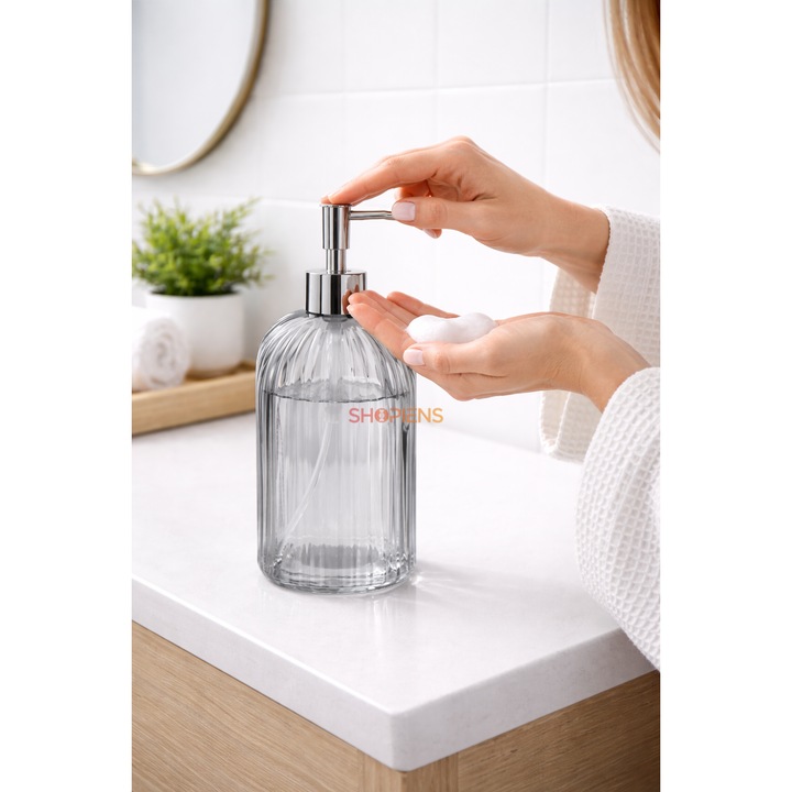 Dozator Sapun Lichid Din Sticla Transparenta Gri 500ml Dispenser Baie Bucatarie Recipient Reutilizabil Cu Pompa